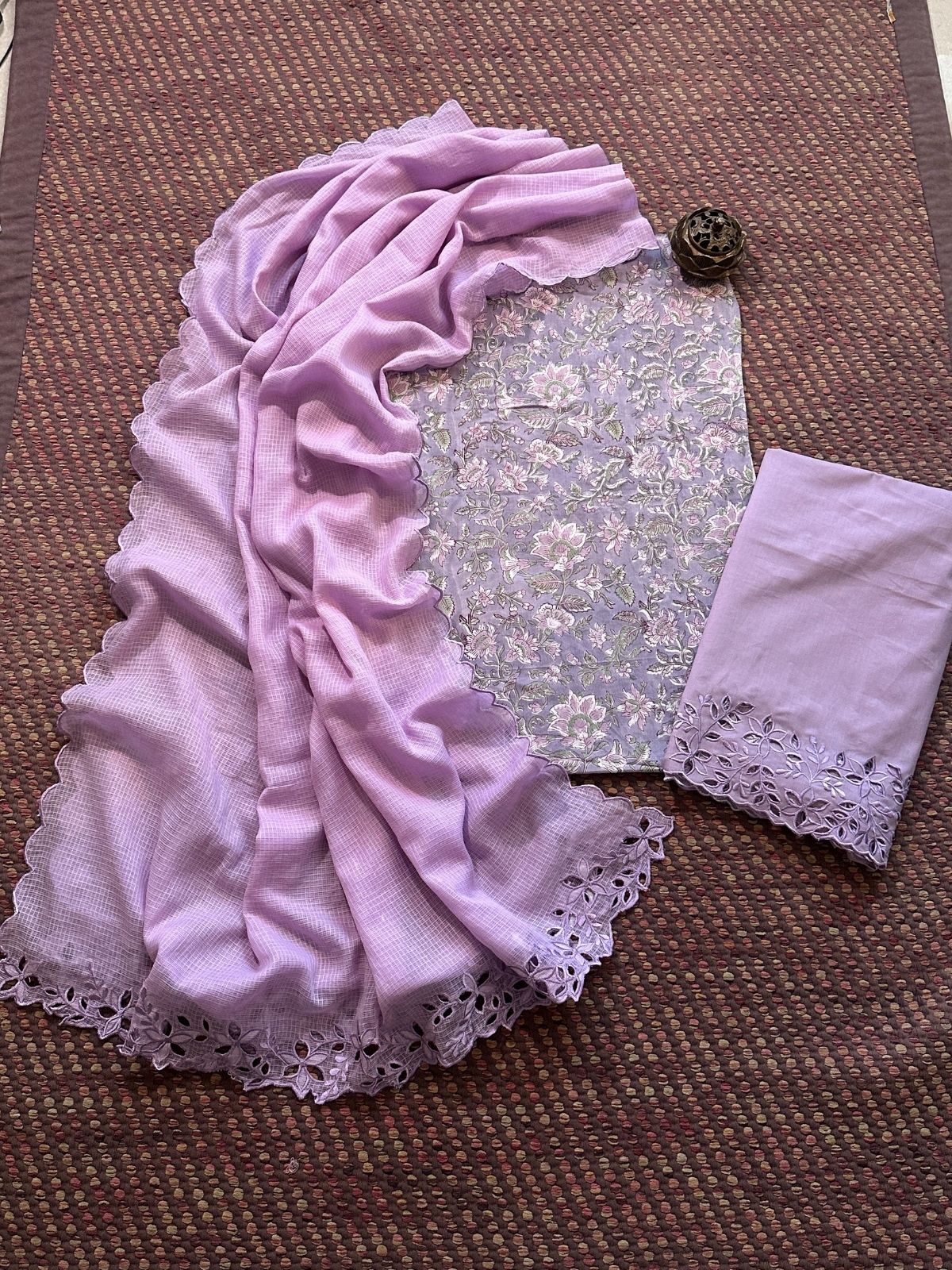 Pure Cotton Hand-blocked Fabric with Cutwork Bottom & Kota Doria Dupatta